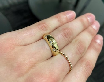 Anel feminino em ouro maciço 14k com diamantes em formato de estrela – Aliança de casamento