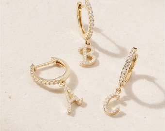 14K Gold Diamond Initial Huggie Hoop Earring, Dangle Charm Jewelry