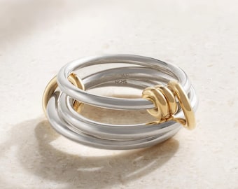 SPINELLI KILCOLLIN Band, Solid White gold Three Plain Band Interlocking Connector Ring With yellow Gold Two Small Ring, Gold Connected Ring