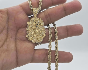 Colar com pingente de pepita em ouro maciço 14k, corrente de corda dourada de 4 mm, garantia vitalícia de substituição.