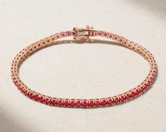 Pulseira de tênis em ouro 14K com rubi, lapidação redonda de 2,88 quilates, pureza VVS, 2 mm de largura.