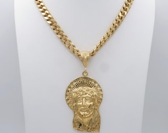 Colar Jumbo Jesus, Ouro 14k, Corrente Estilo Cubano de 10 mm, Garantia Vitalícia de Substituição