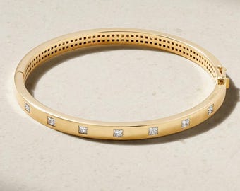 Pulseira rígida redonda em ouro maciço 14K com diamantes, pulseira articulada oval de 4 mm.