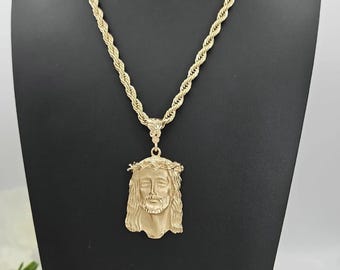 Große Jesus Anhänger-Halskette - 5 mm französische Seil-Kette, 14k Echtgold