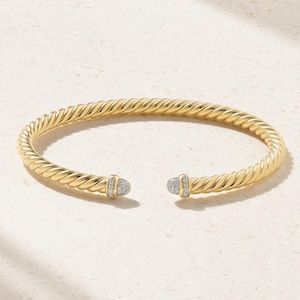 14K Gold Twisted Rope Armreif mit Diamanten, Zierliches Kabelarmband