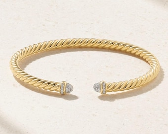 Pulseira de corda torcida em ouro 14K com diamantes, delicada pulseira de cabo.