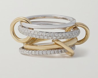 SPINELLI KILCOLLIN 18k Gold Plated Two Tone Moissanite Eternity Multi Band link Ring, Eternity With Two Plain Band Connector Stacking Ring