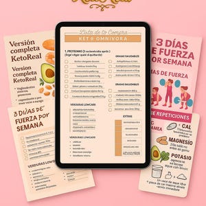 Puede incluir: Un gráfico rosa con las palabras "Keto Real" y un logo de aguacate dorado. La imagen incluye una lista de compras, un plan de comidas y una guía de ejercicios para una dieta keto de 3 días, con texto en español.