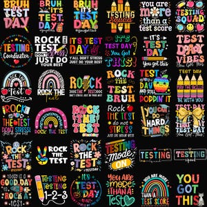 May include: A collection of colorful graphic designs with text related to test day. The designs feature phrases like "Rock the Test," "Test Day Vibes," and "You Got This." The color palette includes pink, blue, yellow, and green.