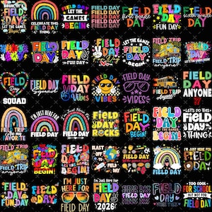 Puede incluir: Una colección de diseños gráficos coloridos con texto relacionado con el "Día del Campo". Los diseños incluyen arcoíris, autobuses escolares y frases como "¡Que comiencen los juegos!" y "Vibraciones del Día del Campo".