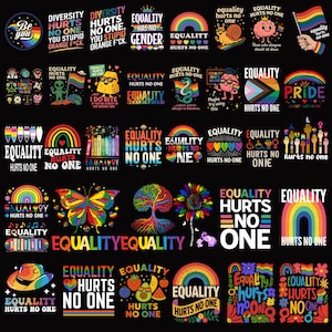 May include: A collection of colorful graphic designs with the theme of equality and pride. The designs include rainbows, hearts, and text such as "Equality Hurts No One" and "Pride".