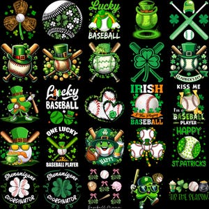 Puede incluir: Una colección de diseños con temática de béisbol con un tema del Día de San Patricio. Los diseños presentan pelotas de béisbol, tréboles, sombreros de duende y texto como "Lucky Baseball" y "Happy". La paleta de colores incluye verde, blanco y marrón.