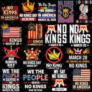 以下が含まれることがあります： 「No Kings」をテーマにしたグラフィックデザインのコレクション。王冠、アメリカ国旗、テキストが特徴です。「No Kings in America」などのフレーズや、2026年3月28日などの日付が含まれています。カラーパレットは赤、白、青、金です。