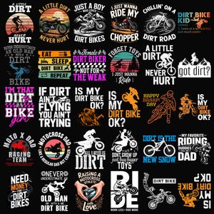 Peut inclure: Plusieurs motifs graphiques noirs avec des motos tout-terrain et des phrases associées. Les motifs incluent du texte tel que "Dirt Bike Kid", "Just Wanna Ride My Chopper" et "Moto X Dad". Les images sont circulaires et rectangulaires.