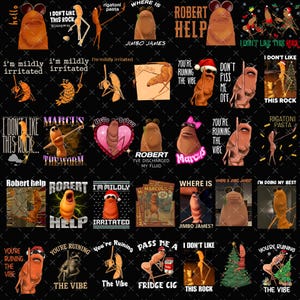 May include: A collection of humorous digital art featuring anthropomorphic characters with various expressions and text overlays. Phrases include "I don't like this rock," "Robert Help," and "You're ruining the vibe."