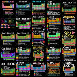 May include: A collage of periodic table designs with the phrase "Can I Lick It?" in various fonts and colors. Each design includes a different set of instructions, such as "Sure, go for it" or "Maybe, not the best idea."