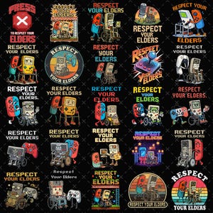 May include: A series of graphic designs on a black backdrop, showcasing vintage video game consoles with limbs, some in wheelchairs. The text "Respect Your Elders" is displayed in diverse fonts and styles across the designs.