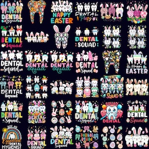 Pode incluir: Uma coleção de designs gráficos coloridos com tema dentário. Os designs apresentam dentes, coelhos, ovos de Páscoa e as palavras "Dental Squad" e "Happy Easter". Os designs estão em um fundo preto.