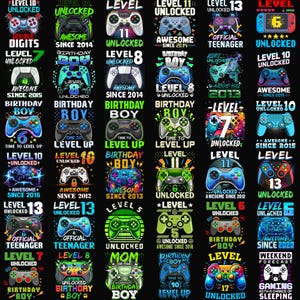 Puede incluir: Una colección de diseños coloridos de mandos de videojuegos con texto, incluyendo frases como "Level Up", "Unlocked" y "Birthday Boy". Los diseños presentan varios colores y estilos, adecuados para jugadores.