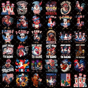 Può includere: Una collezione di disegni di galli patriottici in rosso, bianco e blu, perfetti per l'Independence Day. Le immagini presentano galli con temi della bandiera americana, fuochi d'artificio e testi come "Merica" e "Just Here To Bang."