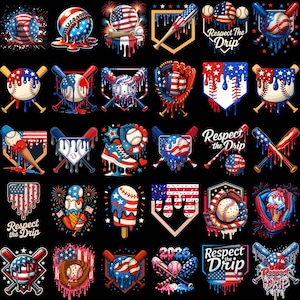 May include: A selection of baseball-themed designs in red, white, and blue, featuring baseballs, bats, gloves, and the American flag. Some designs include the text "Respect the Drip" and "2026".