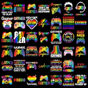 May include: A collection of colorful video game controller designs with the word "GAYMER" in various fonts and rainbow color schemes. Some designs include phrases like "Press Start to Slay" and "Pride."