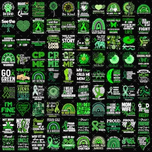 Puede incluir: Una colección de gráficos y diseños de texto con temática verde relacionados con la concienciación sobre la parálisis cerebral. Los diseños incluyen cintas, texto y símbolos, promoviendo el apoyo y la concienciación sobre la parálisis cerebral.