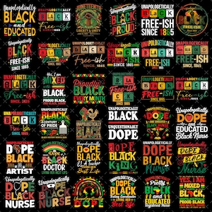 Op de afbeelding: Een verzameling grafische ontwerpen met de woorden "Unapologetically Black" en andere gerelateerde zinnen. De ontwerpen bevatten verschillende lettertypen, kleuren en symbolen, waaronder het Juneteenth-symbool en de Black Power-vuist.