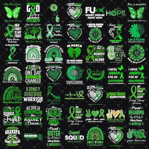 May include: A collection of black graphics with green ribbons, hearts, butterflies, and text related to kidney disease awareness. The designs include phrases like "I wear green" and "Kidney Disease Warrior."
