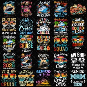 Può includere: Una collezione di grafiche colorate con temi di crociere e lauree. I disegni includono testo come "Cruise 2026", "Graduation Cruise" e "Aw Ship!" con occhiali da sole e immagini tropicali. Perfetto per viaggi di laurea.