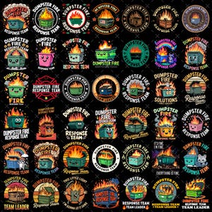 Puede incluir: Una colección de diseños gráficos coloridos de dibujos animados "Dumpster Fire". Cada diseño presenta un contenedor de basura en llamas con las palabras "Dumpster Fire" y "Response Team". Algunos diseños incluyen texto adicional como "Team Leader".