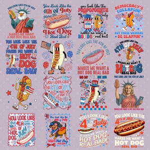 Puede incluir: Una colección de gráficos con temática del 4 de julio con perritos calientes de dibujos animados, imágenes patrióticas y texto. Los diseños incluyen ilustraciones de la Estatua de la Libertad, un águila y varias frases de texto.