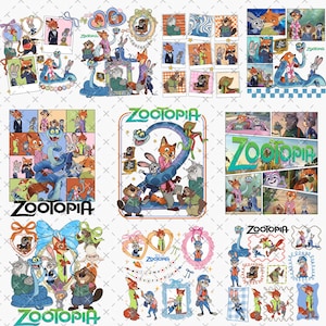 Puede incluir: Una colección de imágenes temáticas de Zootopia con varios personajes de la película animada. Las imágenes incluyen ilustraciones de Nick Wilde, Judy Hopps y otros personajes en varias poses y escenarios. La palabra "Zootopia" se muestra de forma destacada.