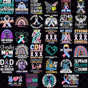 May include: A collection of graphic designs on a black background, featuring text and colorful ribbons. The designs include phrases like "CDH Awareness," "Warrior," and "Superhero Cape," with various illustrations and symbols.