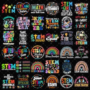 Puede incluir: Una colección de coloridos diseños con temática STEM sobre un fondo negro. Los diseños incluyen texto, arcoíris y gráficos relacionados con la ciencia. El texto incluye frases como "STEM Teacher", "STEM Squad" y "Science".