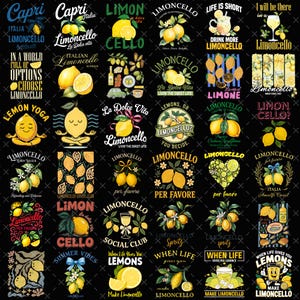 May include: A selection of vibrant designs with lemons and the word "Limoncello." The designs include text such as "Capri Italia Limoncello," "Lemon Yoga," and "When Life Gives You Lemons."