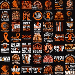 Puede incluir: Una colección de diseños gráficos en naranja y blanco sobre un fondo negro, que promueven la concienciación sobre la pérdida de extremidades. Los diseños incluyen cintas, arcoíris y texto como "Support Squad" y "We Wear Orange."