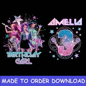 Könnte beinhalten: Schwarzes Grafikdesign mit drei animierten Mädchen, Sternen und dem Text "BIRTHDAY GIRL". Der Name "AMELIA" und die Zahl "3" mit Mikrofonen werden angezeigt. Der untere Text lautet "MADE TO ORDER DOWNLOAD".