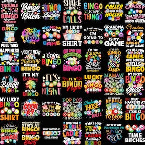 Può includere: Una collezione di colorati disegni a tema bingo su sfondo nero. I disegni presentano varie frasi e grafiche relative al bingo, tra cui testi come "Bingo Bitch", "My Lucky Shirt" e "It's Bingo Night". I disegni sono in vari font e colori.