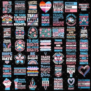 May include: A selection of graphic designs on a black backdrop, advocating for trans rights. The designs incorporate text such as "Trans Rights are Human Rights," and symbols like hearts, fists, and the trans pride flag. The colour scheme includes pink, blue, and white.