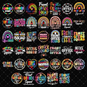 Può includere: Una collezione di grafiche colorate con testo a tema ufficio. I disegni includono arcobaleni, cuori e frasi come "Front Office Squad" e "Office Staff". La tavolozza dei colori è vibrante, con un mix di tonalità arcobaleno e caratteri in grassetto.