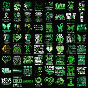 May include: Collection of green ribbon designs and text related to Bile Duct Cancer awareness. Includes phrases like "Support Squad", "His Fight Is My Fight", and "I Wear Green". Designs feature hearts, butterflies, and sunflowers.