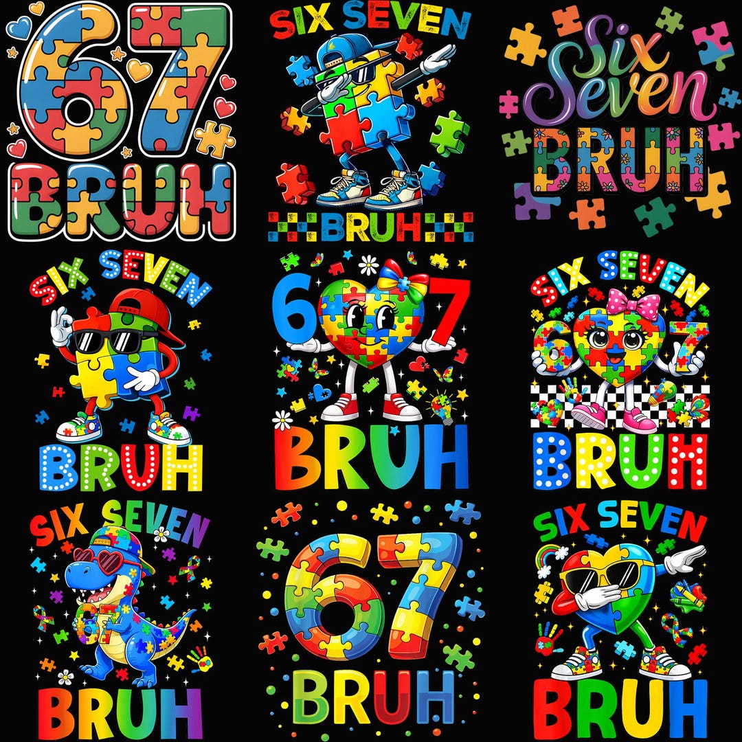 Six Seven Bruh 67 Autism Puzzle Bundle PNG, Autism Awareness Png ...