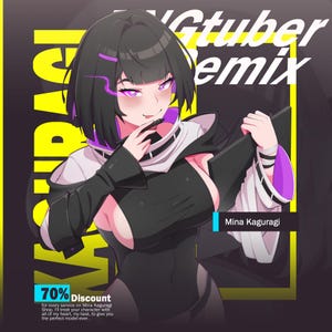 May include: An anime-style illustration of a character with short black hair and purple eyes, wearing a black and white outfit with purple accents. The text reads "VTuber Remix", "Mina Kaguragi", and "70% Discount" with additional small text.