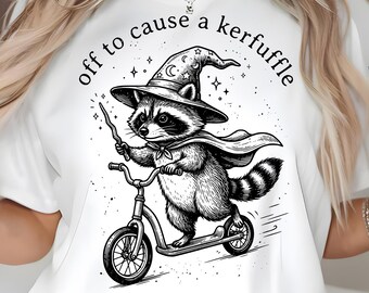 Off to Cause a Kerfuffle PNG SVG, Cowboy Raccoon Riding Bicycle, Funny Mischief Quote Design, Silly Animal Mental Health Tee Adult Humor Png