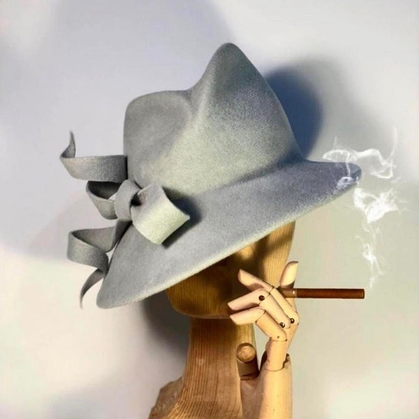 Asymmetric fedora hat with stylish bow, wool felt hat, women hat, trilby, fedora, race hat, kentucky derby hat, ascot hat, custom ha