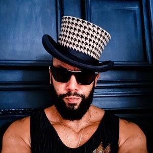 Top hat, low top hat, houndstooth, wool felt hat, women men hat, unisex hat, victorian hat, edwardian hat, steam punk hat