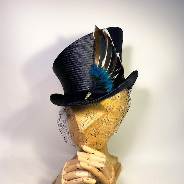 Navy Top hat with handmade feather adornment and vintage veil, edwardian top hat, victorian top hat, steam punk