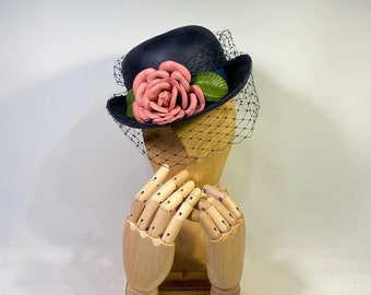 Parasisal bowler with handmade leather flower and vintage style veil, bridgerton style, edwardian bowler, victorian bowler, steam punk