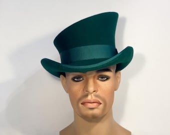 Asymmetric top hat, green hat, felt hat men, felt hat women, pipe top hat, edwardian hat, bridgerton hat, steam punk hat, race hat, topper